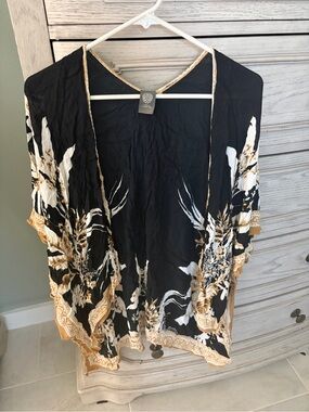 Vince Camuto Black Floral Kimono with Gold Trim